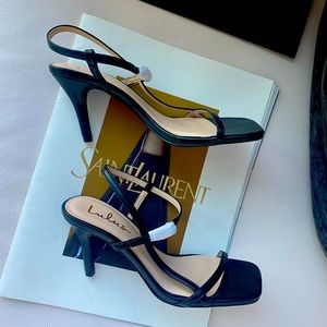 Black Ankle Strap Sandals Vegan Leather 3.5 inch Hills size 6 NWOT